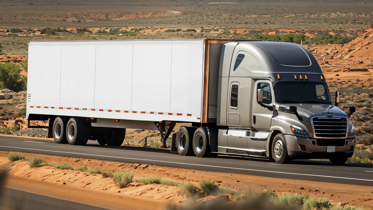 Grey semi truck pulling a white van on a paved road.
