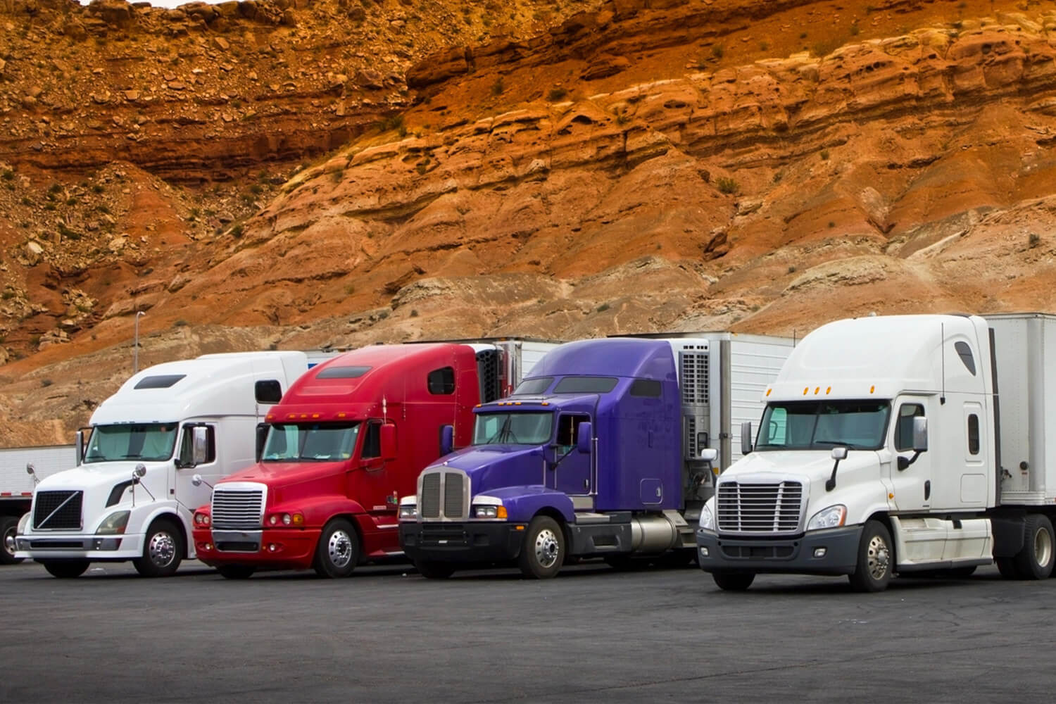 Four Semi Trucks Lined Up Next to Highway