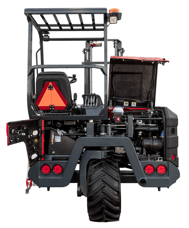 Palfinger Forklift with side panels opened up for maintenance.